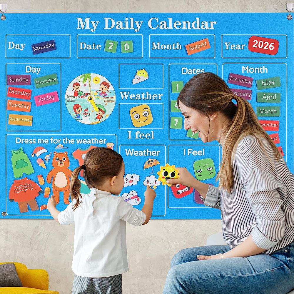 Children's Calendar Busy Board, Daily Learning Felt Board Teaching Supplies, Time, Season, Weather Awareness Wall Calendar
