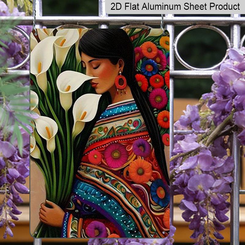 2D Flat, Elegant Woman with Calla Lilies & Colorful Floral Aluminum Art - Perfect for Home Decor, Wall Art, Living Room, Bedroom, Mexican Inspired