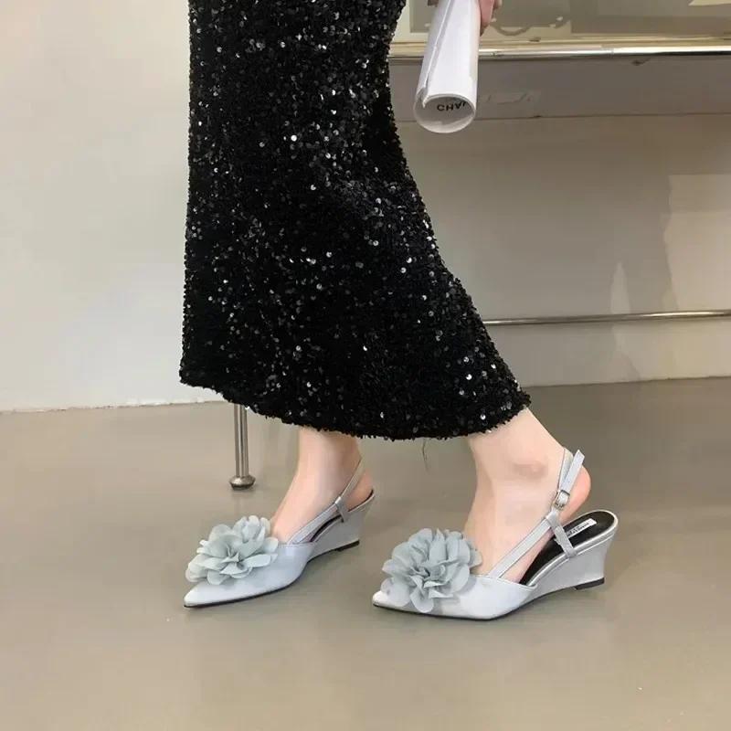 Fashion 2025 Luxury Designer Elegant Sandals Woman Summer Flower Buckle Strap Pumps Women Sexy Pointed Toe Wedge Heels Fashion Mule Shoe