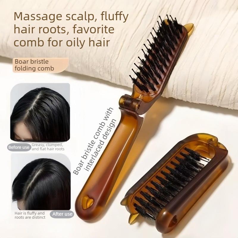 Foldable Boar Bristle Hair Brush Portable Styling Comb for Voluminous Hair and Makeup