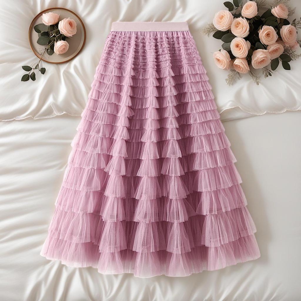 Elegant French Style Layered Cake Skirt - High Waist, Fluffy Winter Fashion for Women