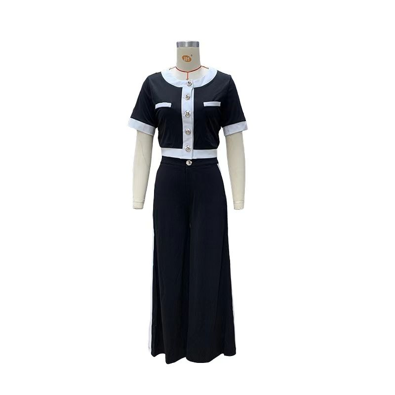 

European and American New Fashion Short sleeve Top Straight Pants Set Top and Straight Leg Pants Set Black L