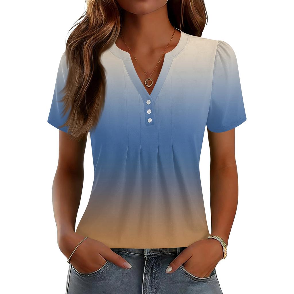 Womens Tops Dressy Casual V Neck Short Sleeve Shirts Pleated Blouses Button Down Tunic