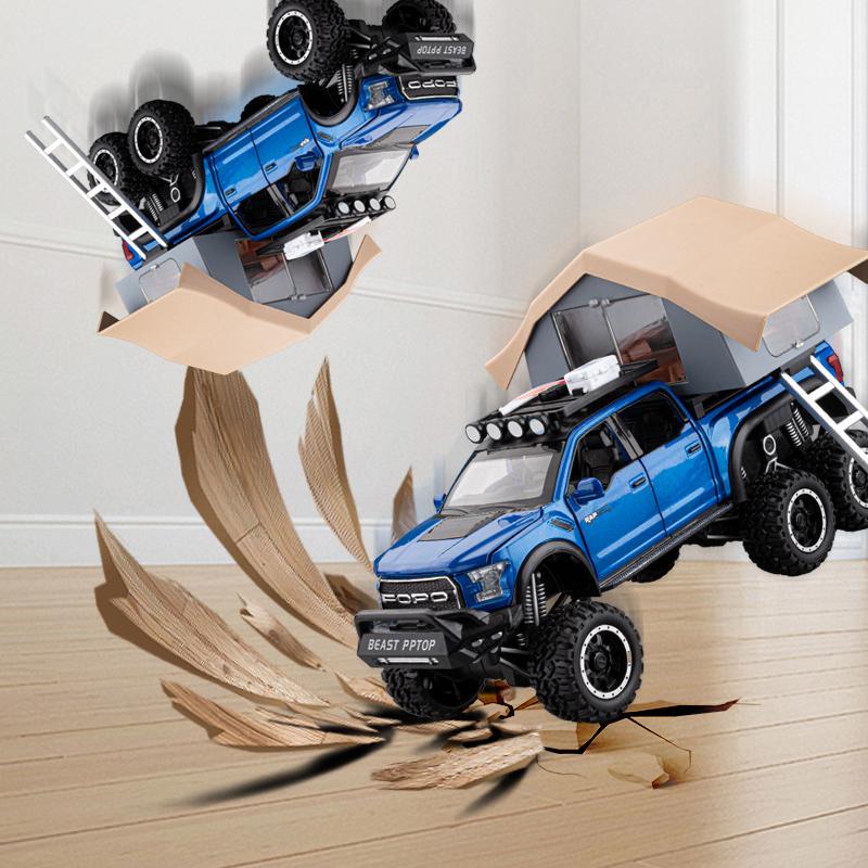 2026 Neu 1:24 F150 Camping Wohnmobil Geländewagen Pickup LKW Legierung Metall Druckguss Modellauto Sound Licht Spielzeug Ornamente Geschenke für Kinder Simulationsspielzeug