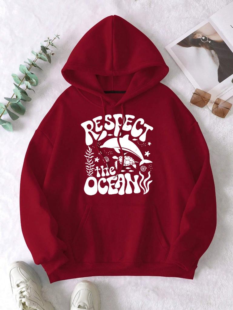 Respect The Ocean Shark Turtle Print Women Hoodie Pocket Hip Hop Hoody Multicolor Casual Pullovers Autumn Fleece Streetwear