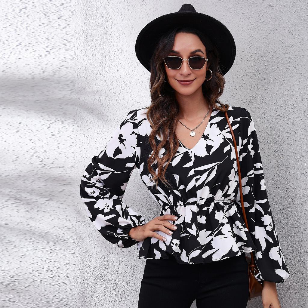BITCED 19 Floral Checkered Chain Floral Checkerboard Printed Long Sleeve Chiffon Shirt for Women Spring and Autumn