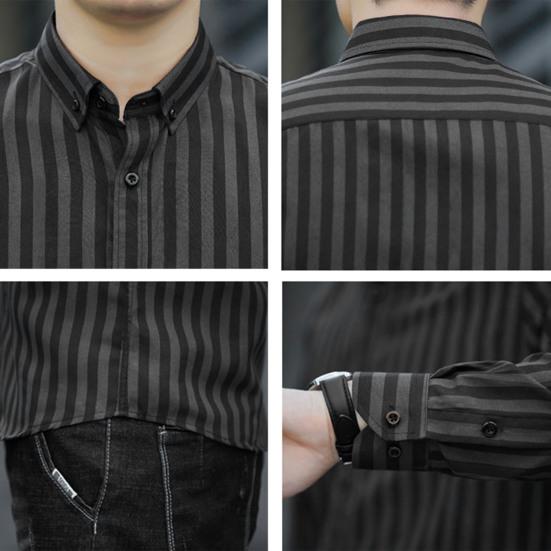 Men Shirt Formal Single-breasted Stripe Turn-down Collar Business Shirt for Work