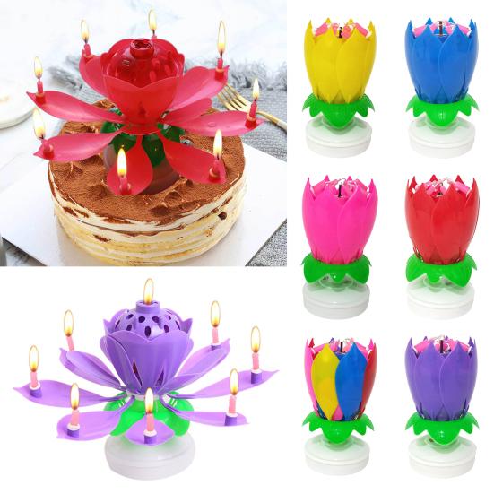 Lotus Candle Solid Paraffin Colored Flower Shape Flat Bottom Rotating Electronic Candle Birthday Cake Music Candles Party Supplies