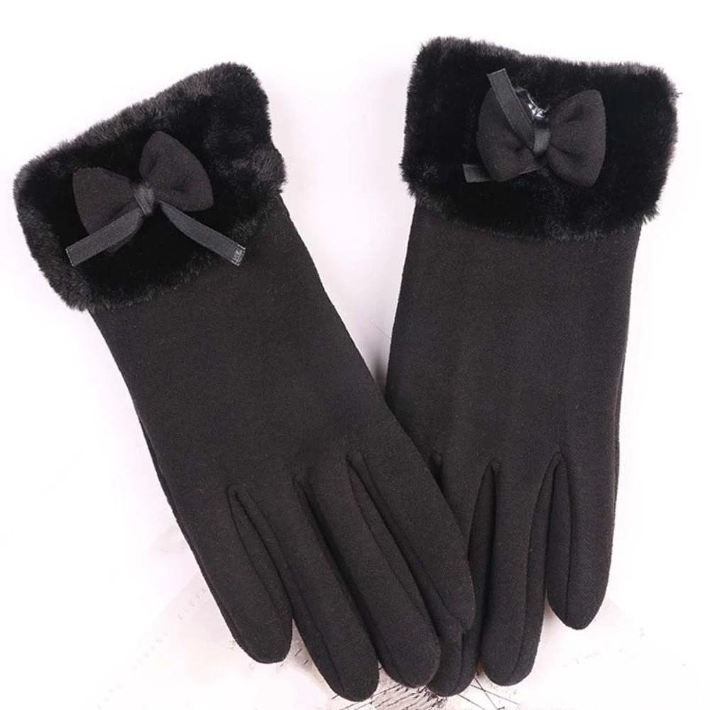 Plush Women Anti-cold Gloves Bow Windproof Finger Mittens For Gift Thickened Suede Gloves  Winter