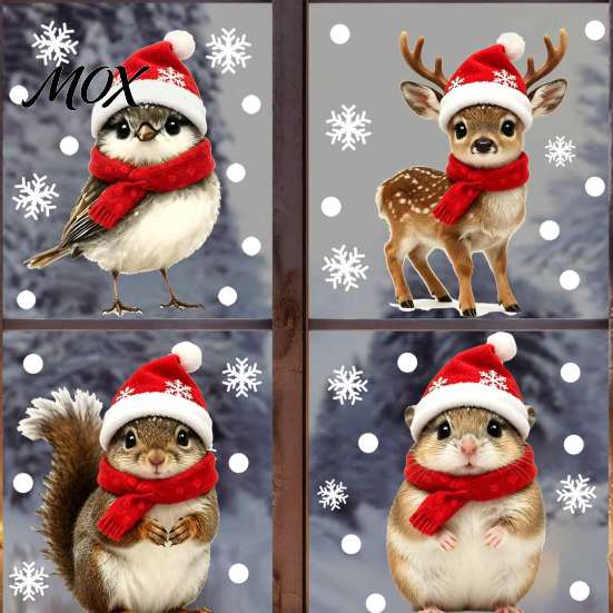 Christmas Party Home Decor Animals Static Window Stickers, Deer Bird Squirrel Hamster Snowflake Decals, Outdoor Decorations Easy Peel & Stick