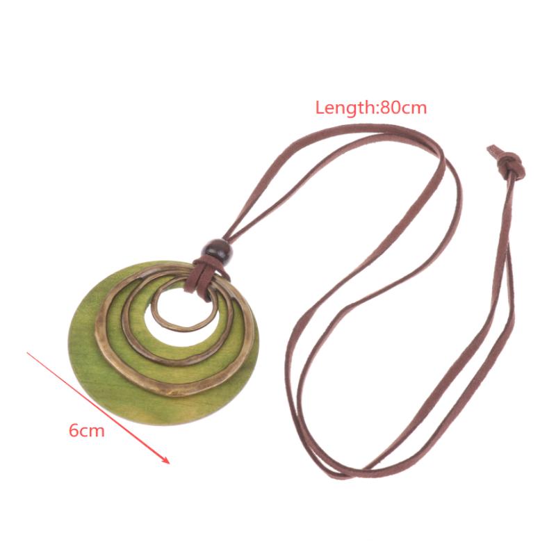 Leather Cord Chain Multilayer Geometric Circle Wooden Pendant Necklaces Vintage Long Sweater Necklace Jewelry Gifts