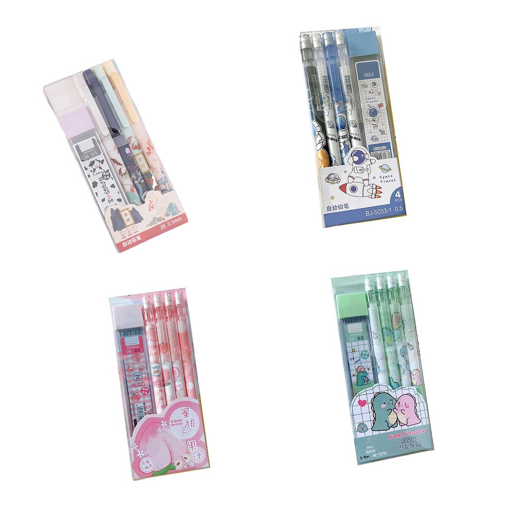 4 יחידות עיפרון אוטומטי עם מילויים 0.5 מ"מ, עיפרון מכני, עיפרון לציור עם מחק קטן לציור ושרטוט