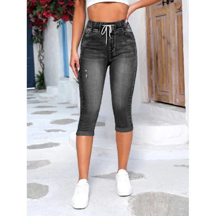 Damskie Spodnie Jeansowe Vintage Lato Wysoki Stan Slim Fit Sznurek w Pasie Spodnie Capri Streetwear Krótkie Spodenki Jeansowe Collant
