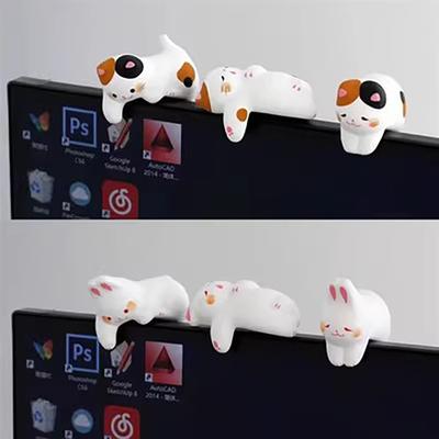 3 Stuks Computer Scherm Monitor Kleine Ornamenten Bureau Poppetje Kat Konijn Huisdecoratie Gelukskat Hars Beeldje Huisaccessoires