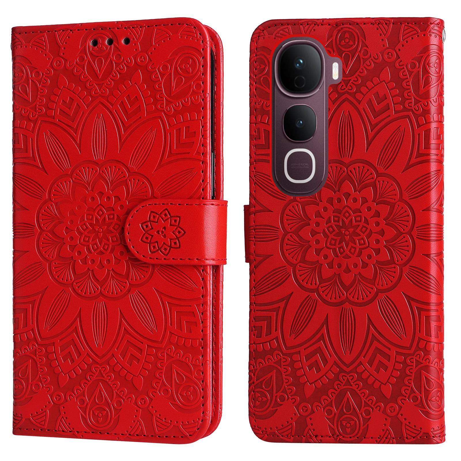 

Чехол для vivo Y400 Pro 5G/vivo V40e 5G Кожаный чехол-кошелек для телефона с тиснением подсолнуха Red