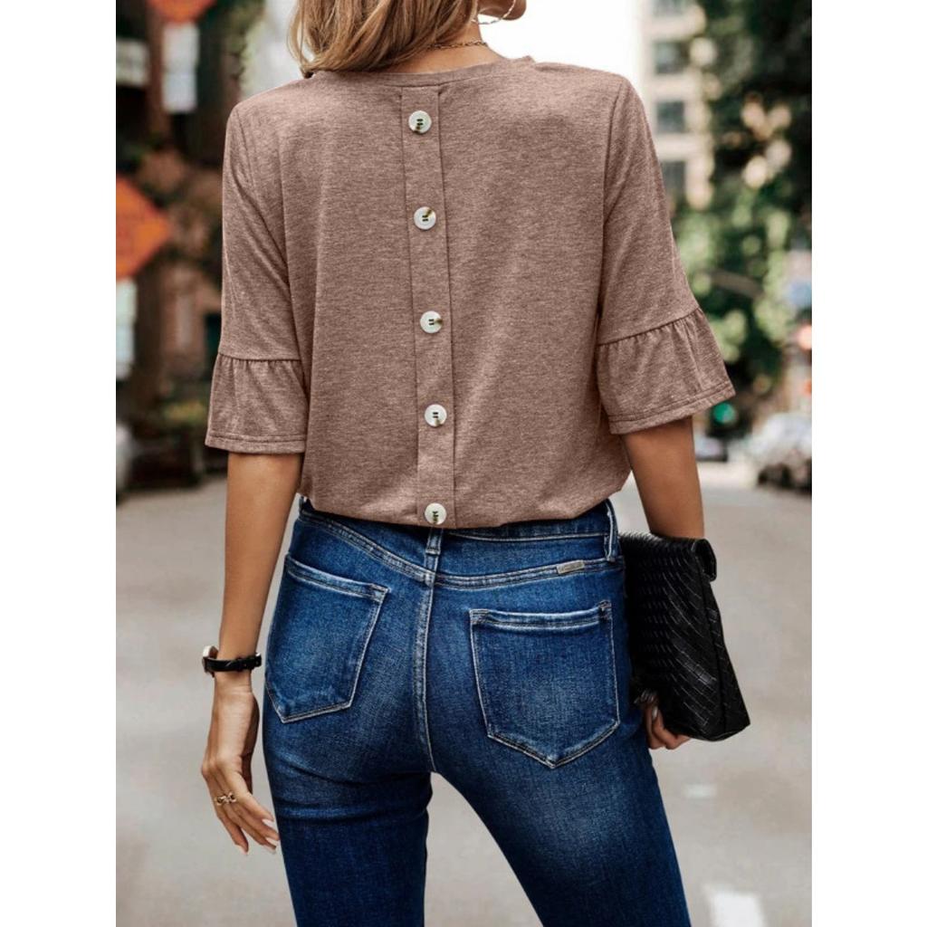 Summer Women's Solid Color Ruffled Short Sleeve Button T-Shirt, European American Style Casual Top for Crossborder