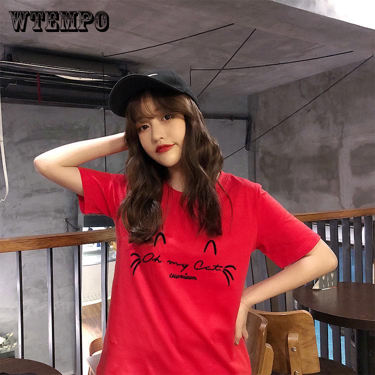 

WTEMPO Cat ears Print T shirt Women Summer Short Sleeve O Neck Cotton Spandex Women Tops Tees Casual
