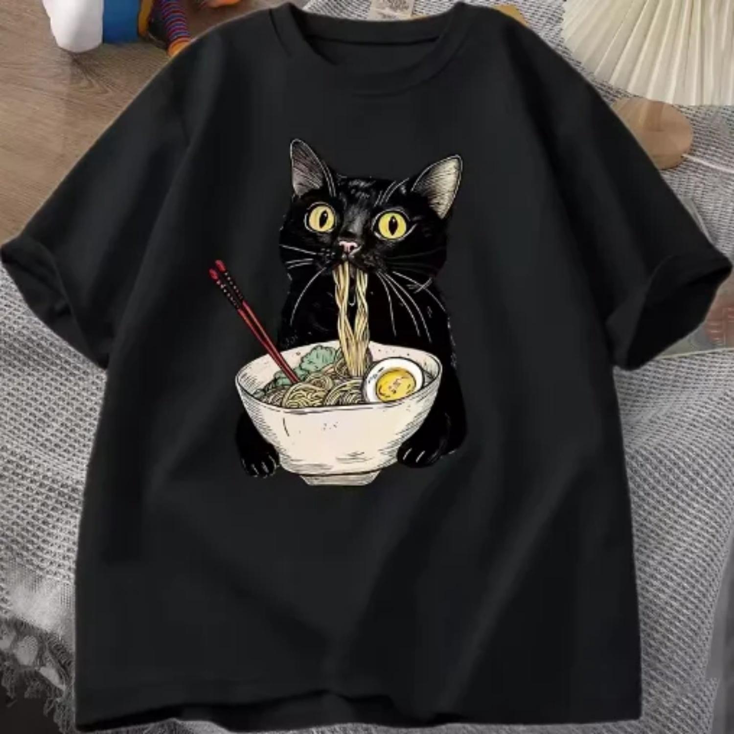 

Noodle Ra Cat T-Shirt Foodie Lover T Shirts Black Cat Noodle T-Shirts Retro Casual Short Sleeve Tshirt for Clothes S чёрный