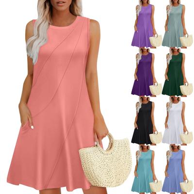 Women's Summer Casual Solid Color Sleeveless Pleated Dress