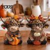 Home Decoration 2PCS Highland Cow Ornament, Wooden Rustic Style Figurine, Thanksgiving Fine Carving Wood Art Theme Art, for Entrance Living Room Decor