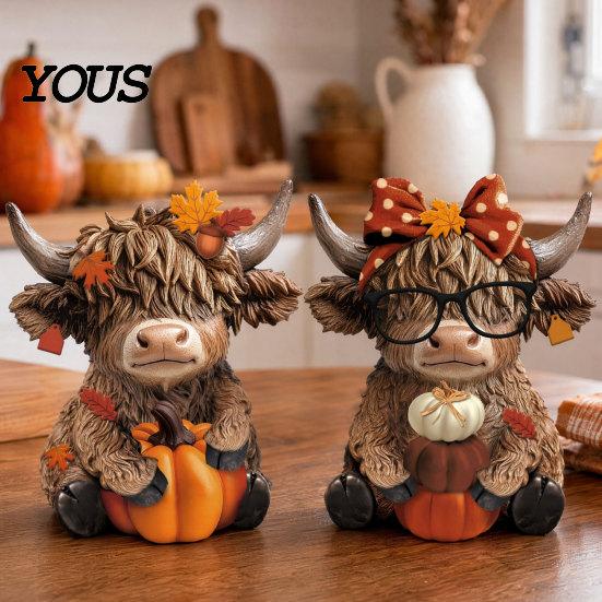 Home Decoration 2PCS Highland Cow Ornament, Wooden Rustic Style Figurine, Thanksgiving Fine Carving Wood Art Theme Art, for Entrance Living Room Decor