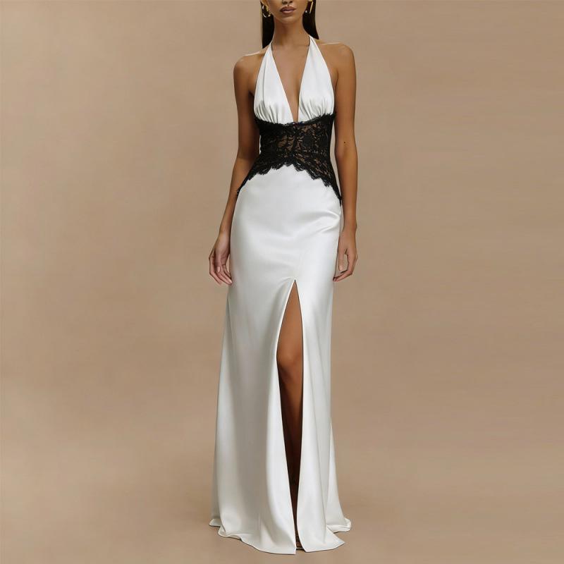 2026 Spring/Summer Women's European & American Deep V Backless Lace See-Through Long Dress