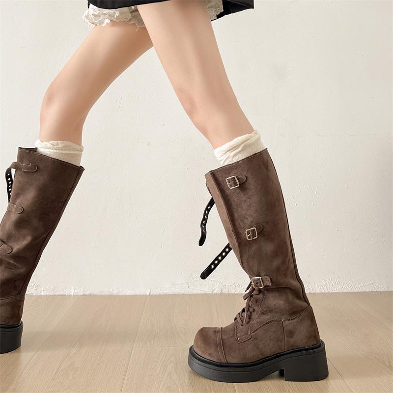 Fashion western knight boots women's 2025 spring and summer new brown retro belt buckle lace-up British women's boots