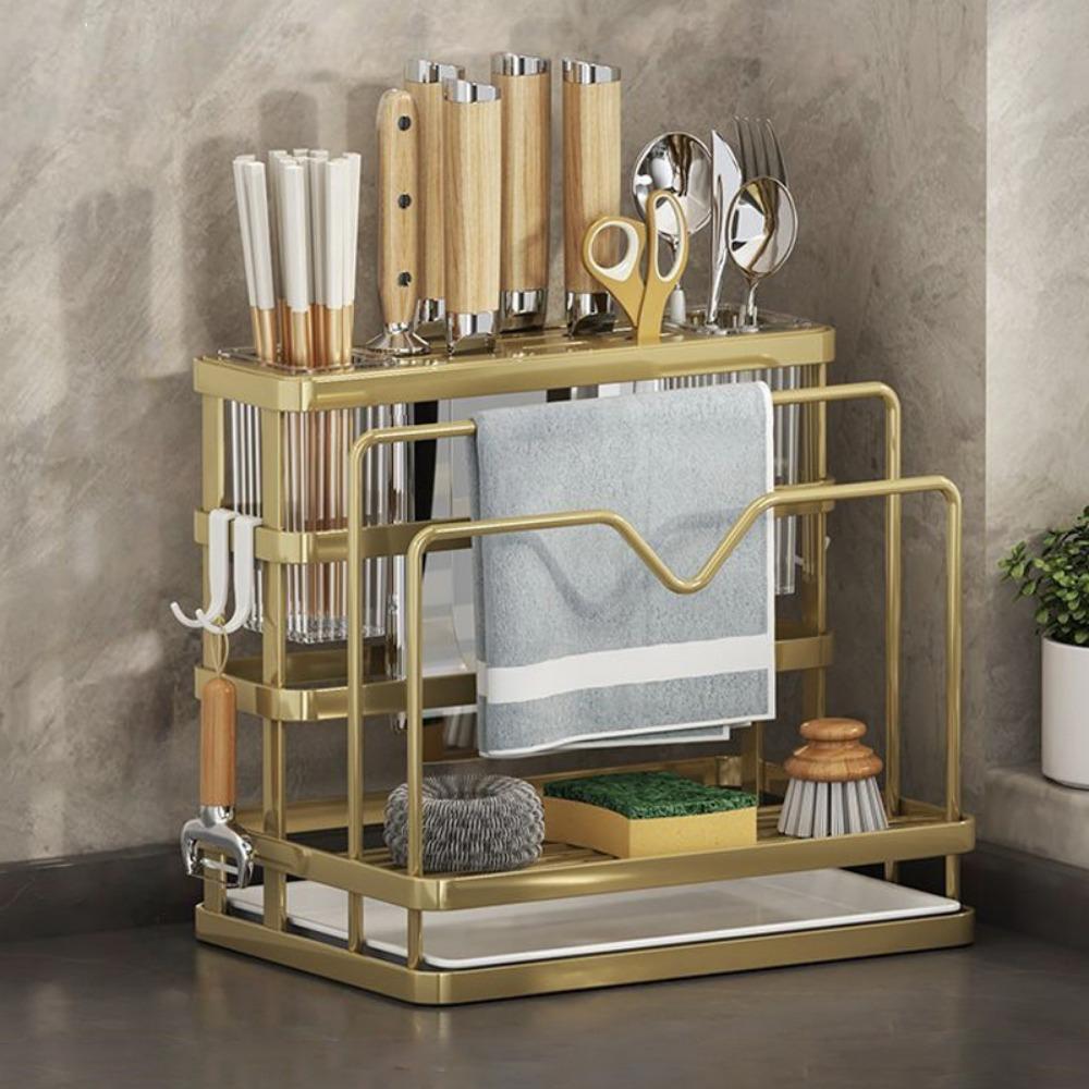 

Органайзер для кухонной столешницы из углеродистой стали с поддоном для стока, держатель для кухонных принадлежностей золотой