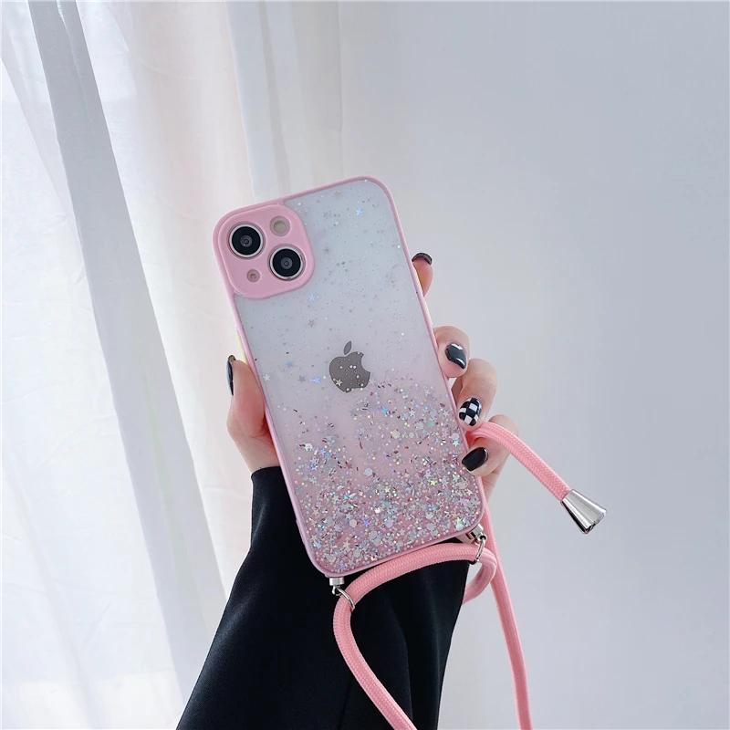 New Glitter Sequins Gradient Clear Necklace Strap Lanyard Phone Case For iPhone17 16 13 12 11 Pro Max14 15 Plus Soft Cover