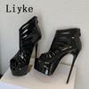 Moda Liyke Estate Traforate Pelle Verniciata Stivali con Plateau Donna Sexy Punta Aperta Zip Tacchi Altissimi Scarpe Pole Dance Stripper Nero