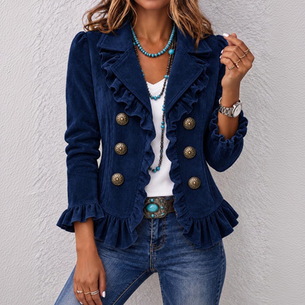 Women's Vintage Corduroy Jacket with Ruffle Trim, Lapel Collar and Single-Breasted Button Front