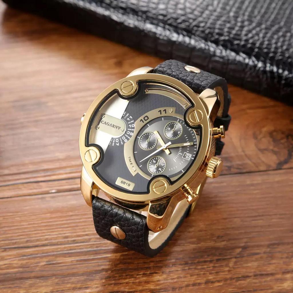 Luxury Cagarny Quartz Watch Men Black Leather Strap Golden Case Dual Times Military dz Relogio Masculino Casual Mens Watches Man