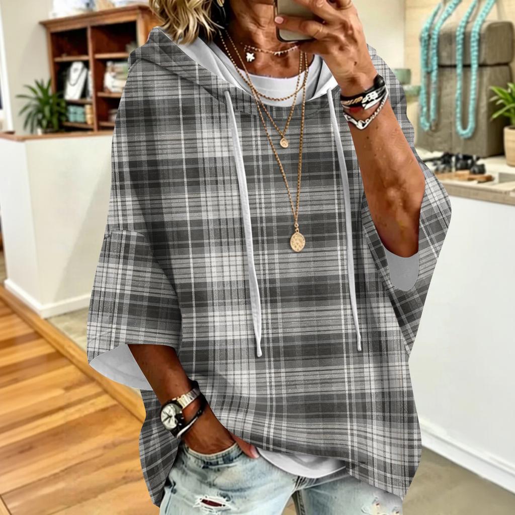 Women's Fashion Printed Loose Fit Hoodie with Three-Quarter Sleeves for Casual Everyday Wear