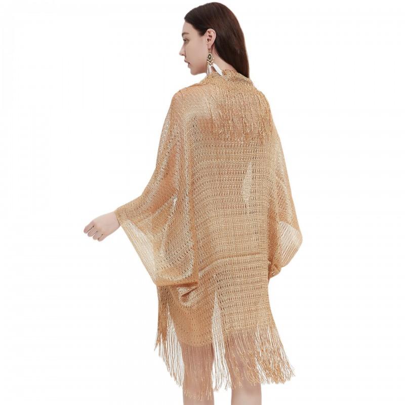 Womens Lightweight Sun Protection Shawl With Fringe Trim Gold Mesh Knit Cover-Up
