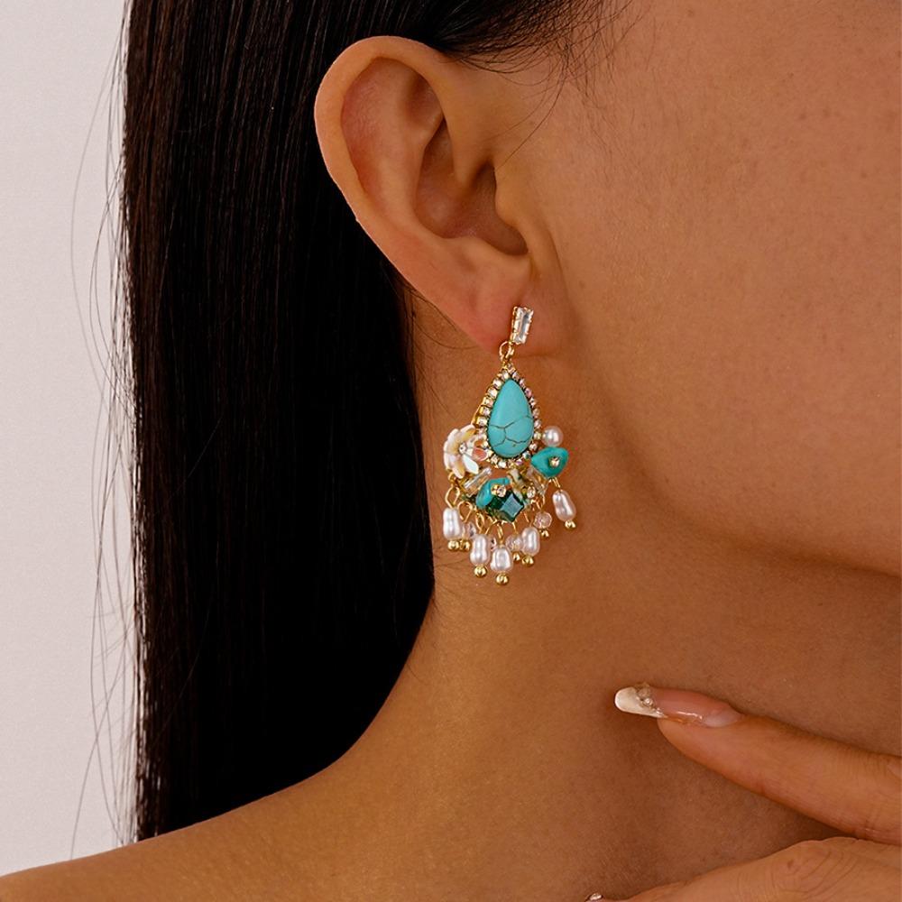 Pearl Flower Shape Bohemian Turquoise Earrings Bohemia Style Earrings Pendant  Summer Party