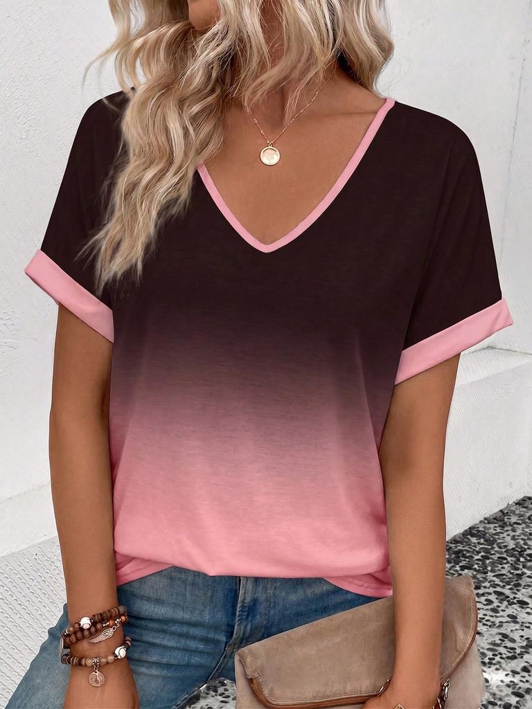 Floral Print V-Neck T-Shirt, Rolled Short Sleeve Casual Top For Women