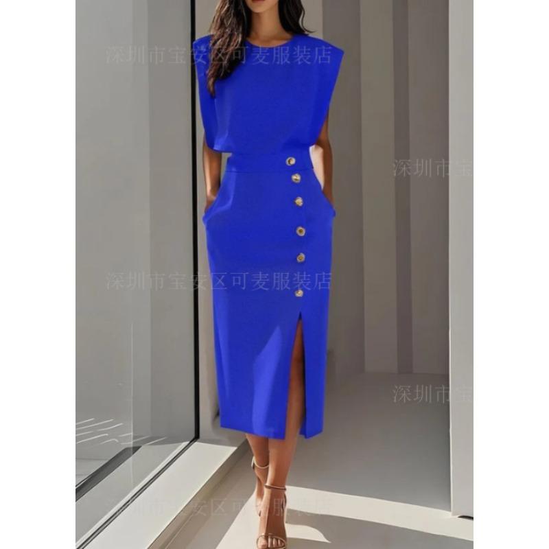 European and American Fashion Royal Sister Style Solid Color Round Neck Waist Split Metal Buttons Summer Dress Women