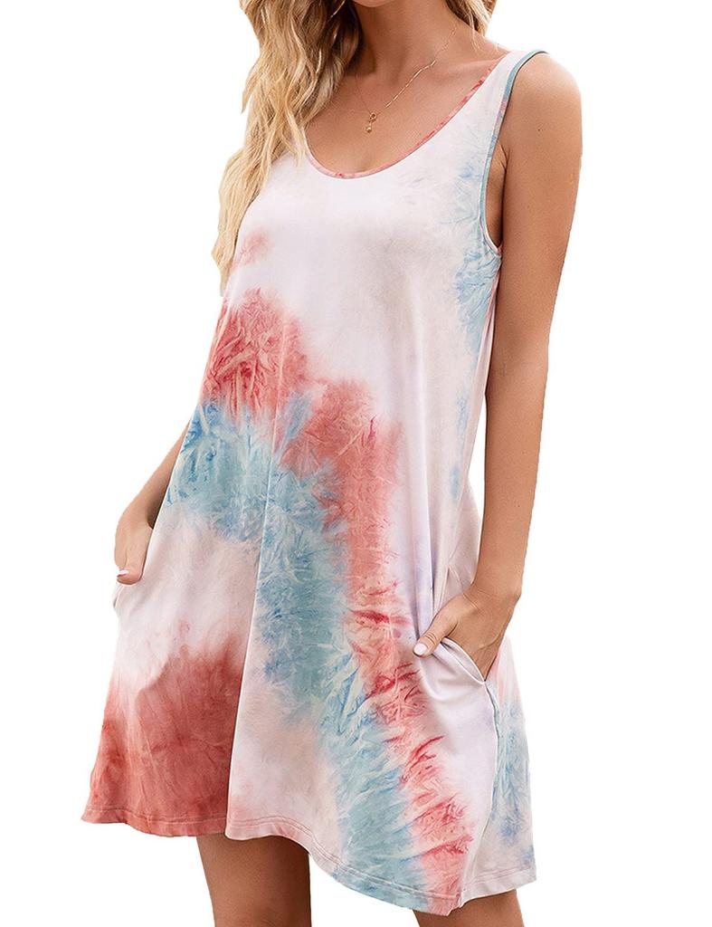 IHUASU Summer Women's Sleeveless U-Neck Pocket Tie-dye Printed Tank Top Halter Dress