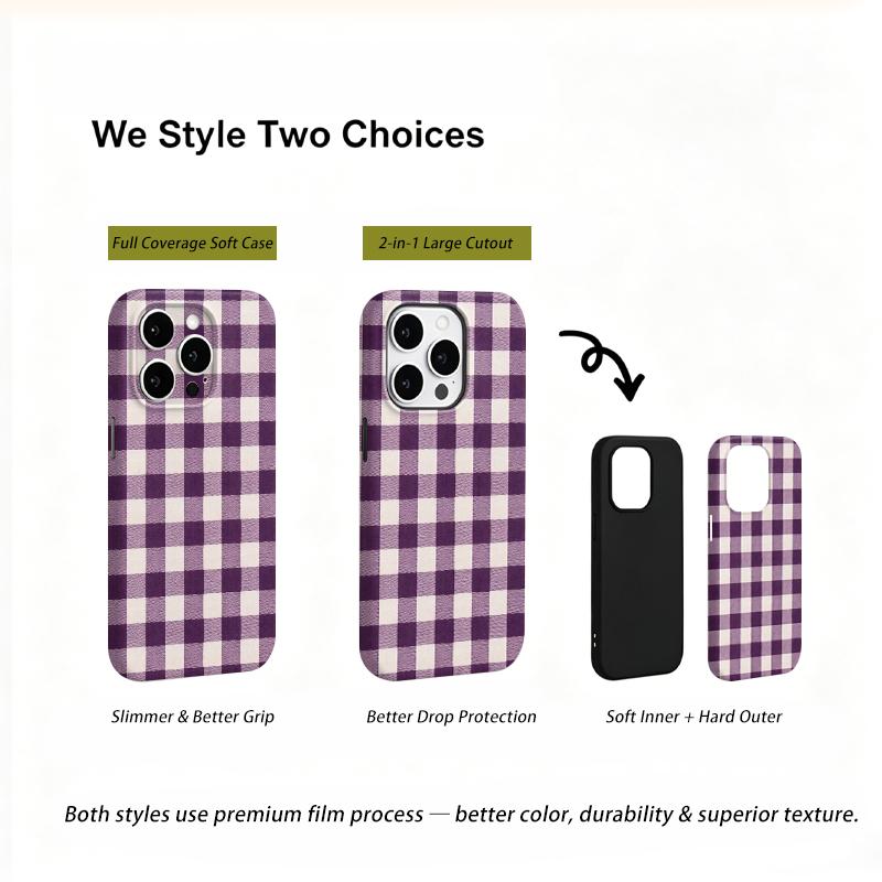 Classic Violet Gingham Plaid Checker Pattern Graphic Art Film Aesthetic Protective Shockproof Bumper Phone Case Cover For iPhone 14 15 16 Pro Max Plus