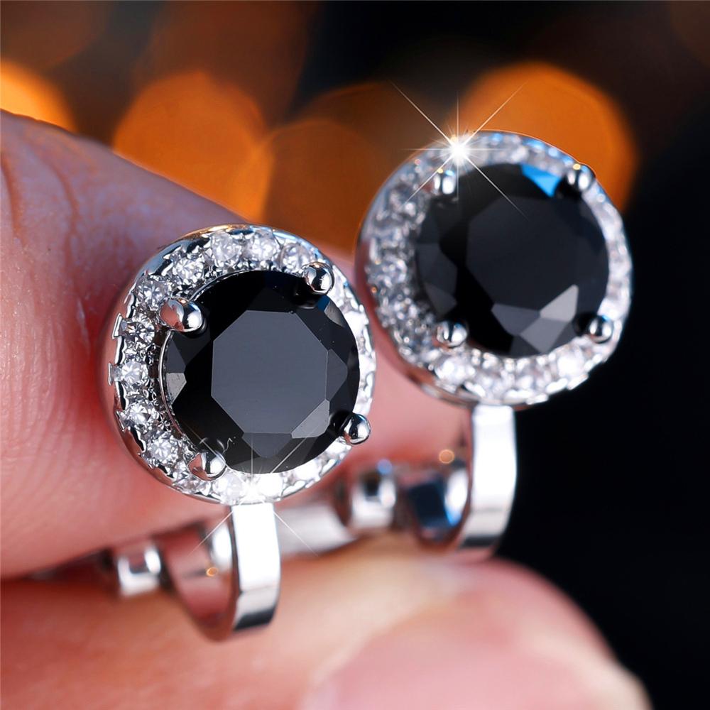 Cute Female Black Green Blue Zircon Stone Round Clip Earrings Charm Silver Color Wedding For Women