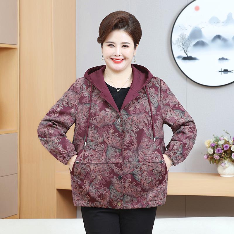 Spring/Autumn Plus Size Loose Hooded Jacket for Middle-Aged & Elderly Women - Fashion Print Patchwork Design