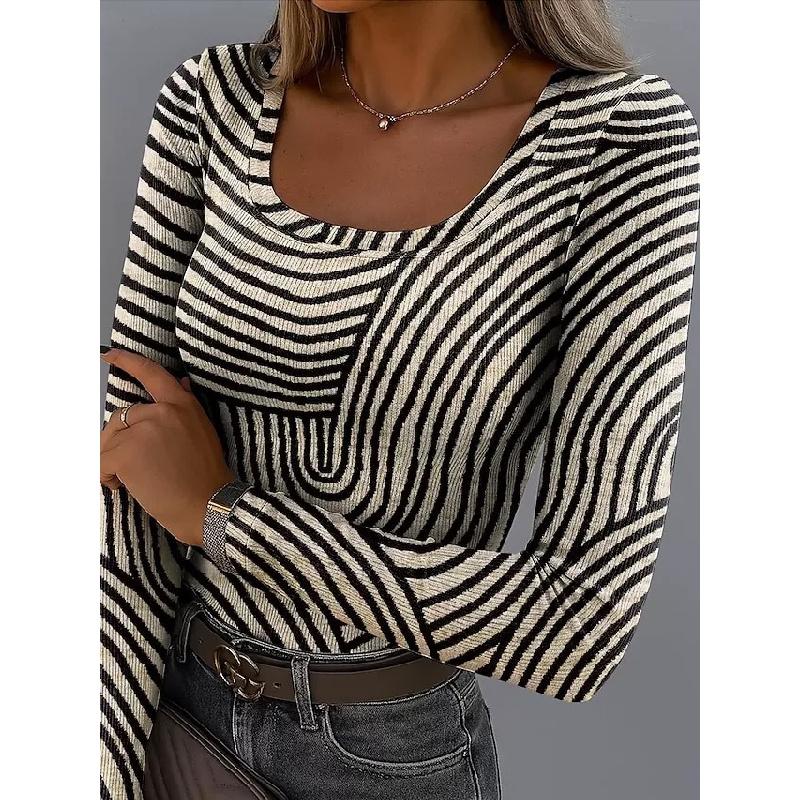 2026 Spring/Summer New Striped Long-Sleeve Top U-Neck Fashion Trend Slim-Fit Women's Clothing