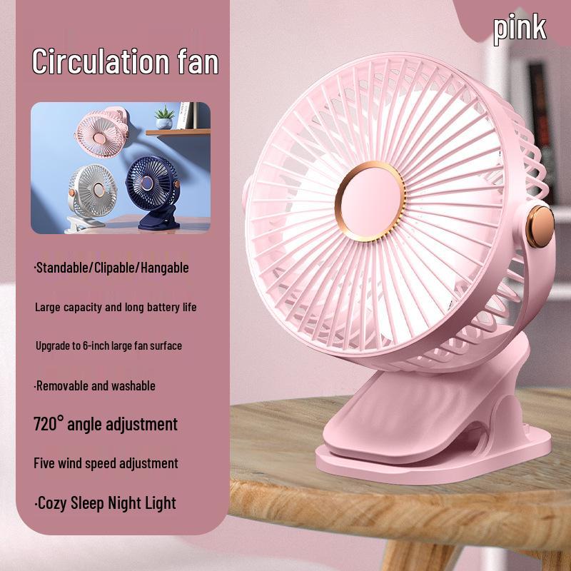 USB Rechargeable Clip-On Fan with Night Light for Dorm, Bed, and Desk
