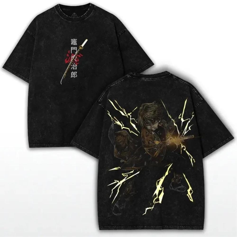 Demon Slayer Sanemi Shinazugawa (Wind Hashira) Vintage Washed Wind Style Graphic T-Shirt Oversized Anime Streetwear Tee, Unisex Casual Top L
