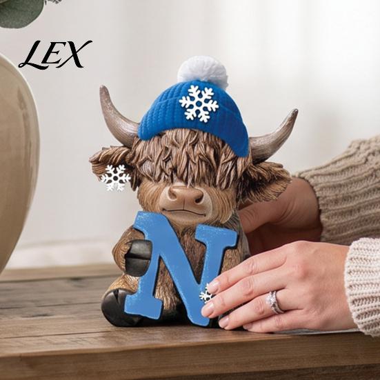 Elegant Seasonal Ornament 4Pcs Christmas Highland Cow Figurine, Winter Blue Yak Statues with Snowflakes Xmas Unique Room Accent Hats, Farmhouse