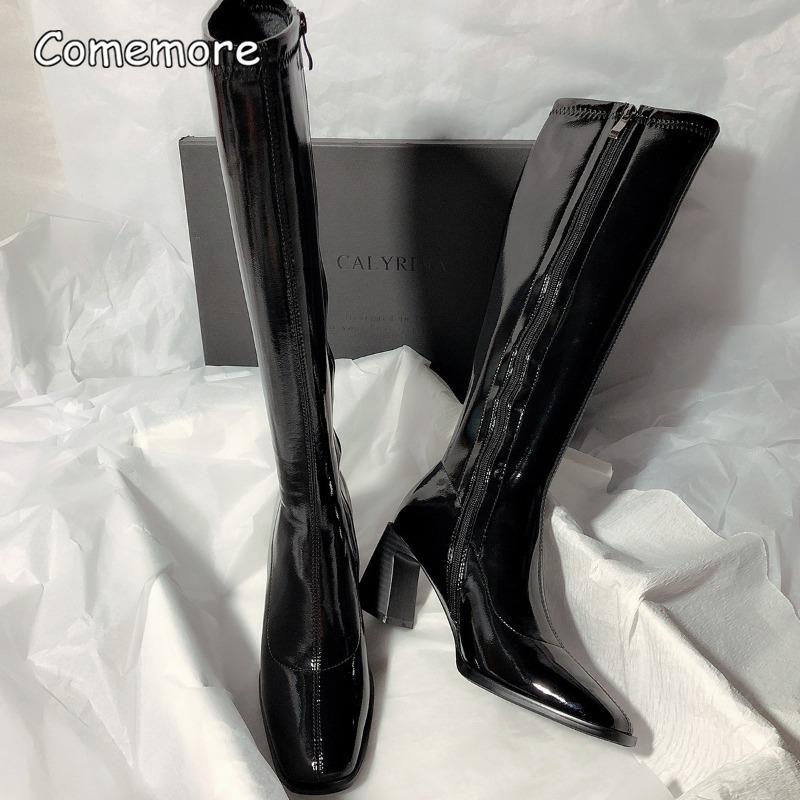 Comemore 2025 New High-heeled Tight Boots Simple But Knee-length Boot Square Head Female Ladies Shoes Luxury Sexy Heels