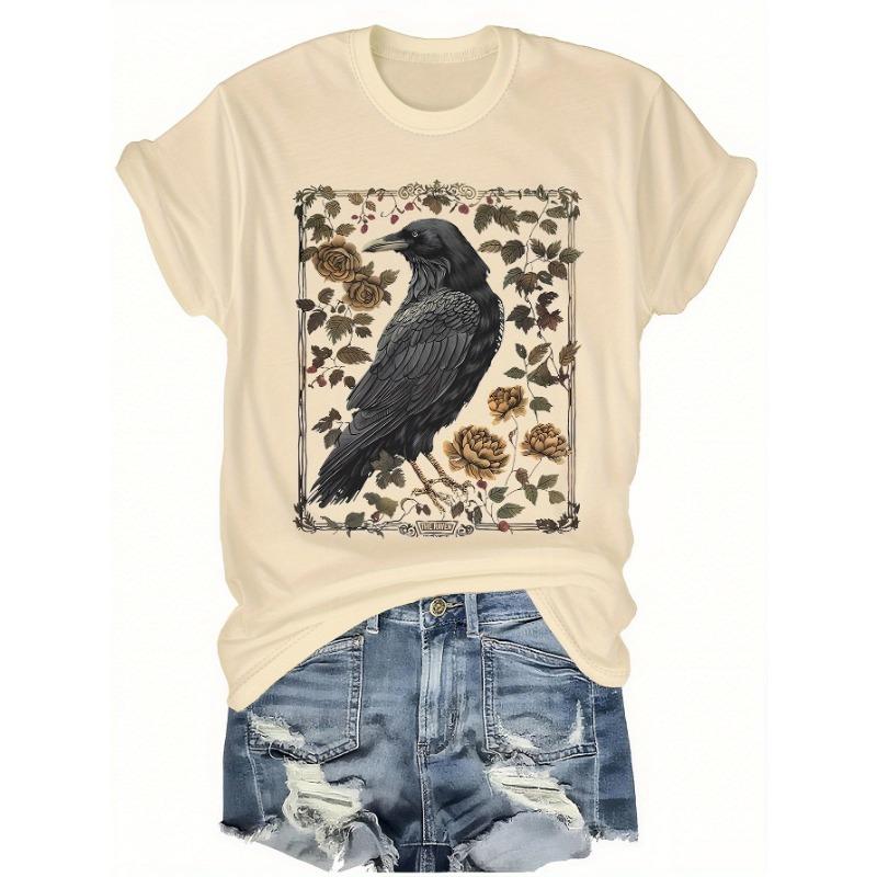 Retro Flower and Crow Pattern Printing + Short Sleeves + Round Neck T-shirt + Spring and Summer Women's Clothing