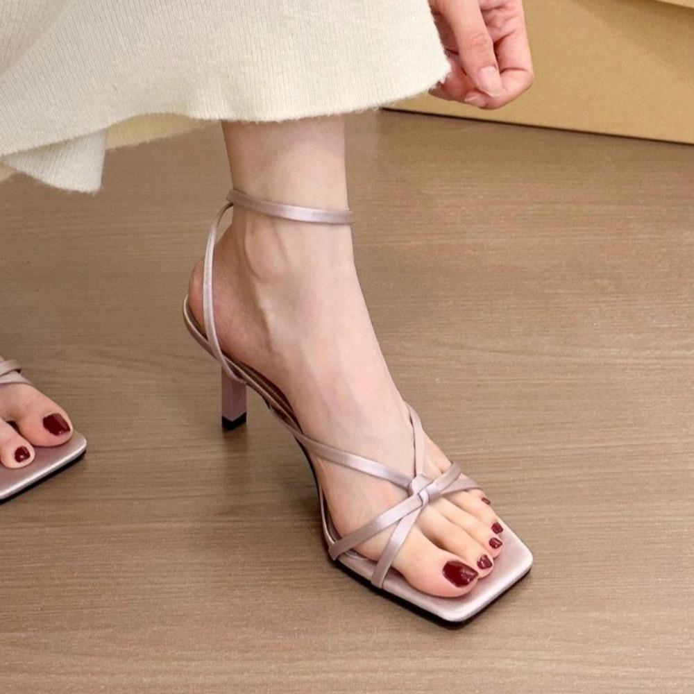 Fashion Summer Narrow Band Heel Sandals Women Thick Heel Ankle Strap Fashion Square Toe Ladies Dress