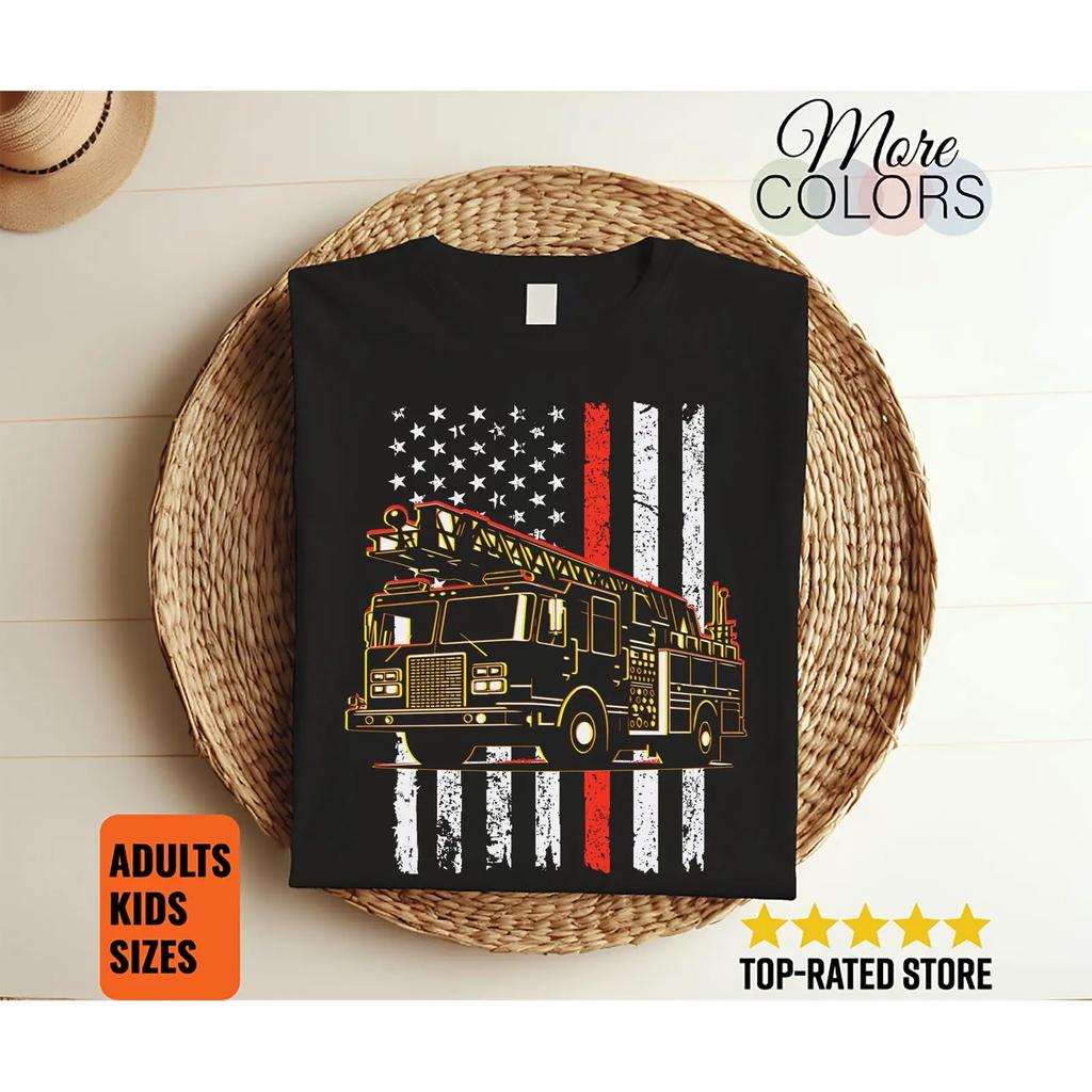 Thin Red Line American Flag Fire Truck T Shirt Firefighter for Dept Apparel Fireman Hero Pride