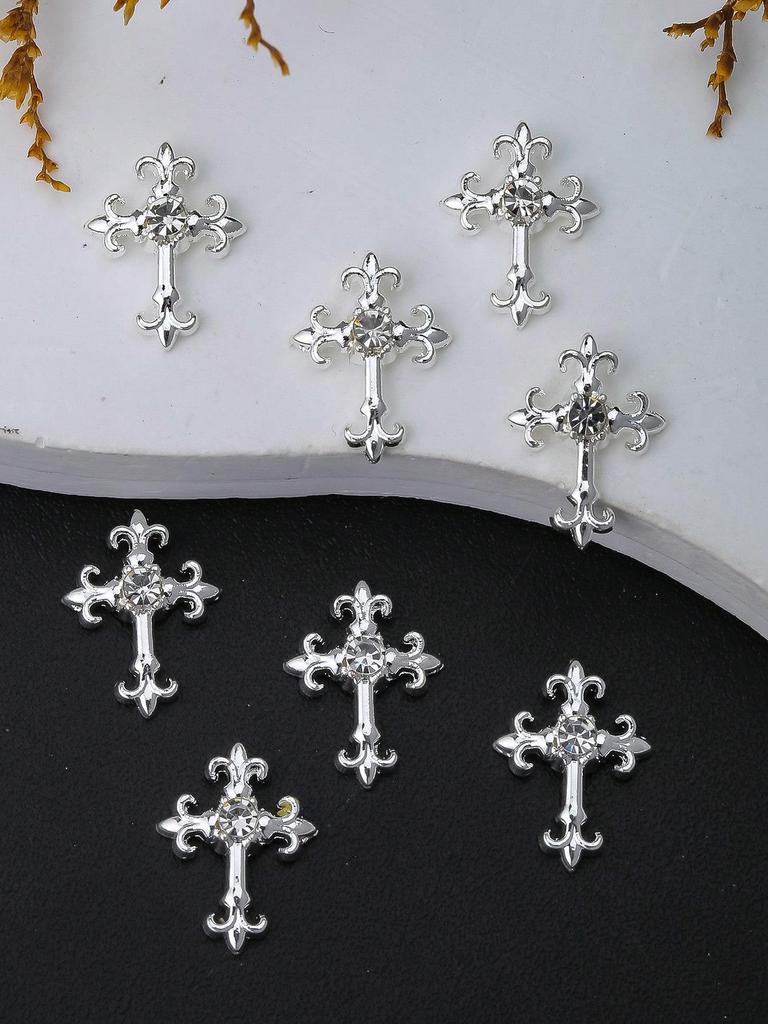 10pcs Gold SilverCross Nail Charms 3D White Pink Rhinestones Nail Art Decorations DIY Nail Gems Nail Supplies